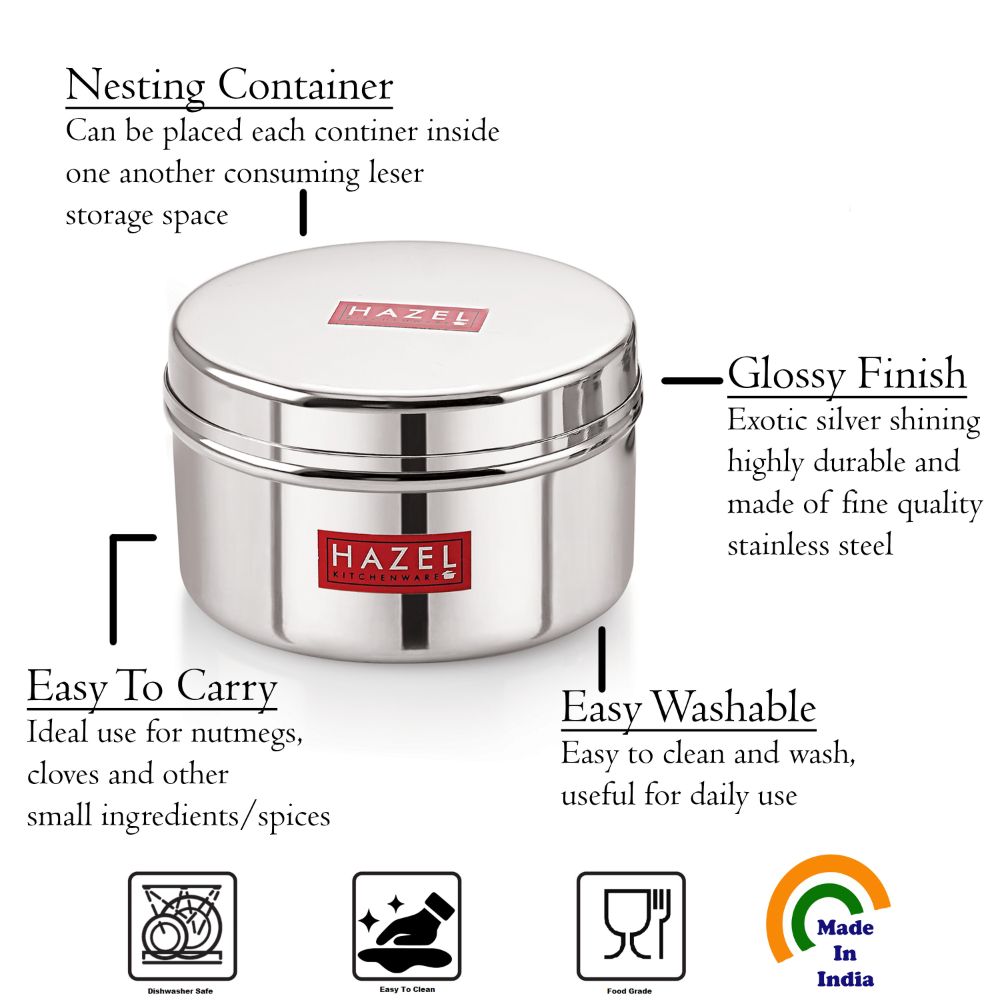 HAZEL Stainless Steel Kitchen Containers Set of 3 with Glossy Finish & Airtight Lid