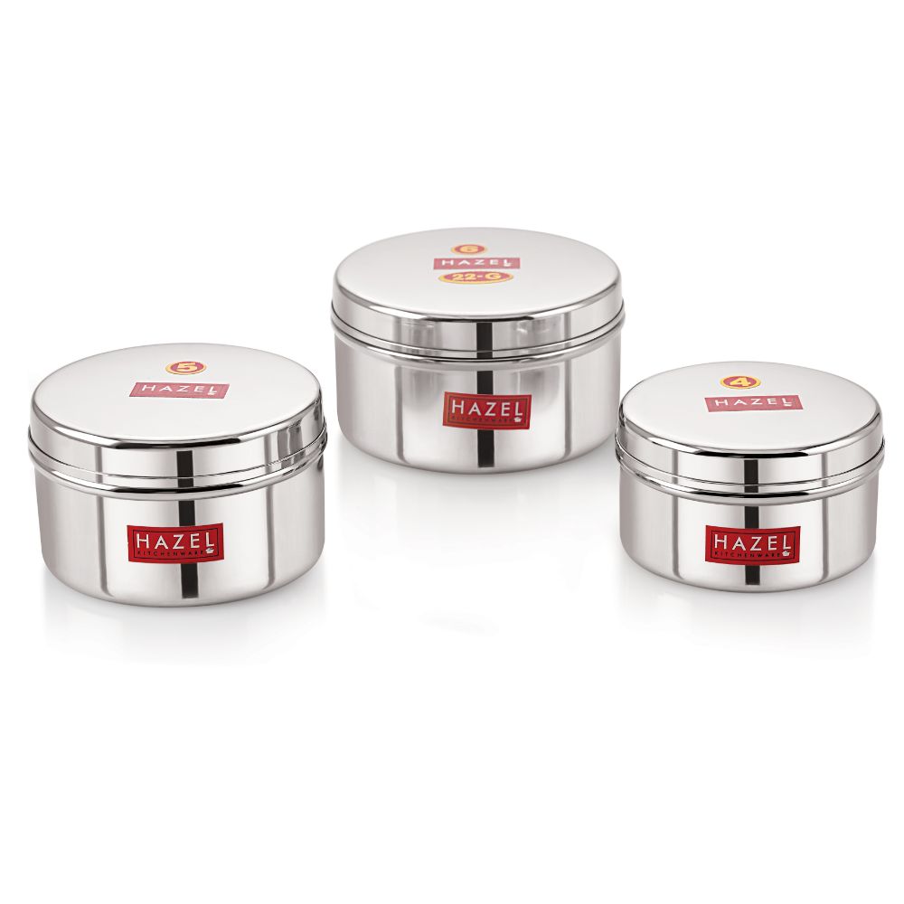 HAZEL Stainless Steel Mini Containers Heavy Gauge Premium Airtight Dabbi Dabba Set of 3, Silver