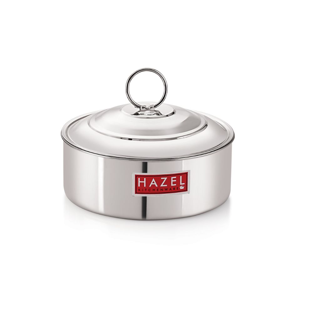 HAZEL Stainless Steel Serving Casserole Flat Bottom Roti Chapati Dabba, 18.8 cm, 1550 ML, Silver
