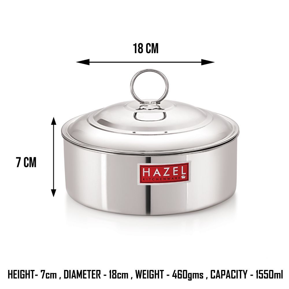 HAZEL Stainless Steel Serving Casserole Flat Bottom Roti Chapati Dabba, 18.8 cm, 1550 ML, Silver