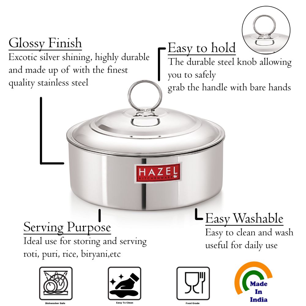HAZEL Stainless Steel Serving Casserole Flat Bottom Roti Chapati Dabba, 18.8 cm, 1550 ML, Silver
