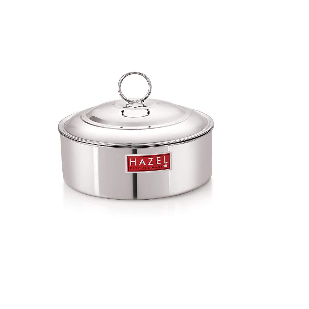 HAZEL Stainless Steel Serving Casserole Flat Bottom Roti Chapati Dabba, 21 cm, 2000 ML, Silver