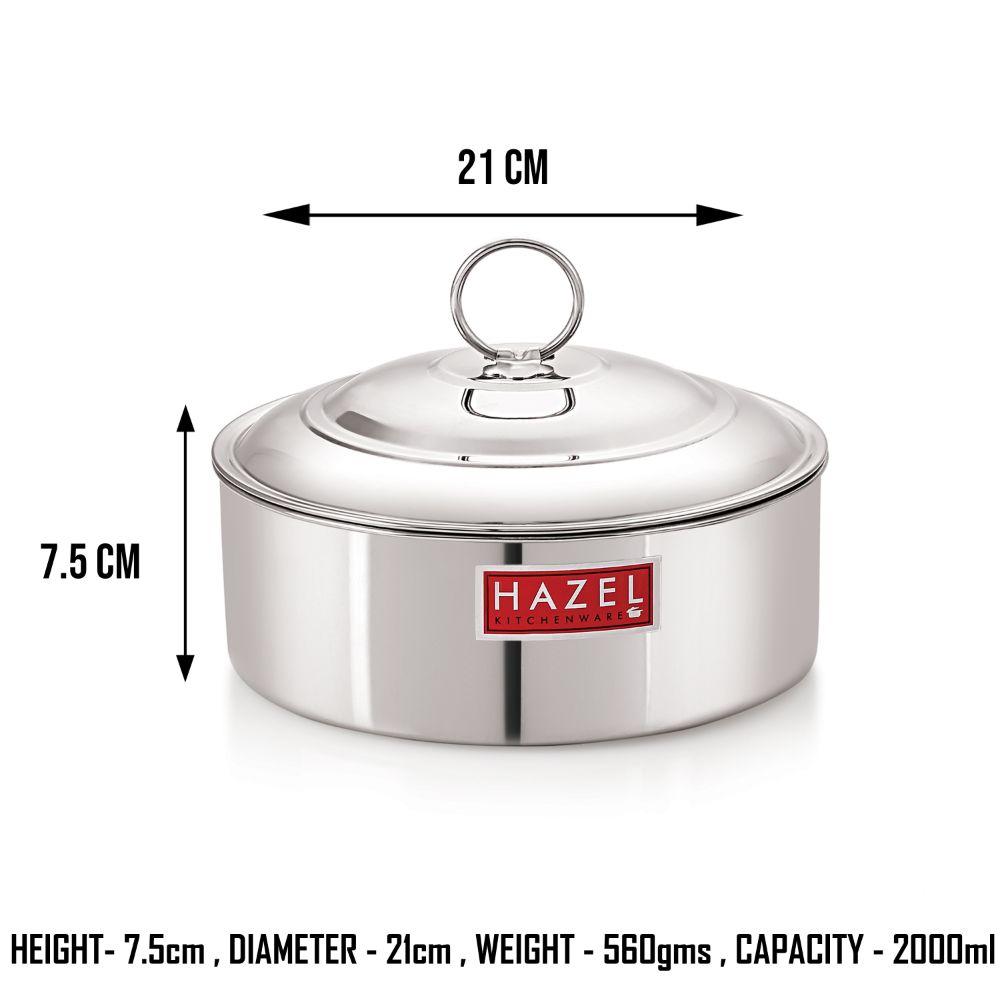 HAZEL Stainless Steel Serving Casserole Flat Bottom Roti Chapati Dabba, 21 cm, 2000 ML, Silver