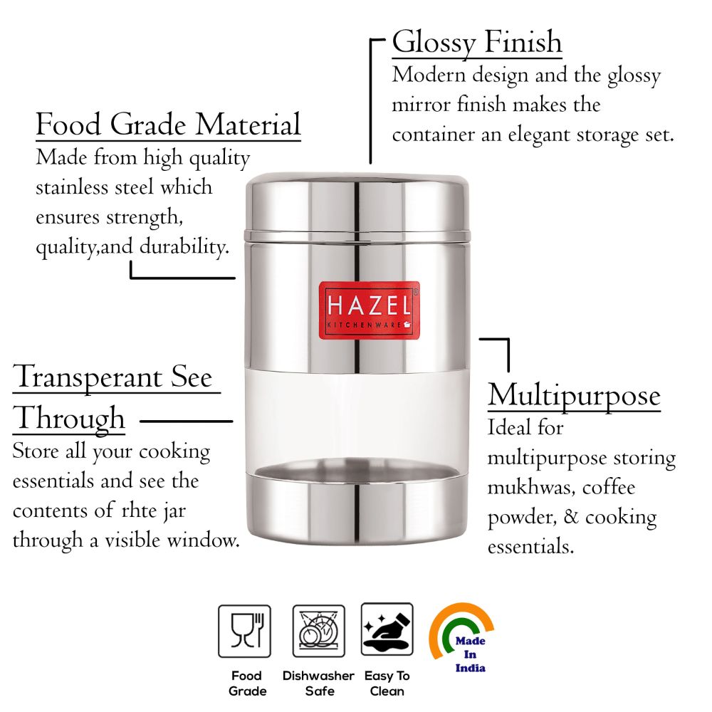 HAZEL Stainless Steel Mukhwas Container | See Through Small Container for Kitchen Storage Set | Transparent Airtight Jar For Modular Kitchen, 300 ML