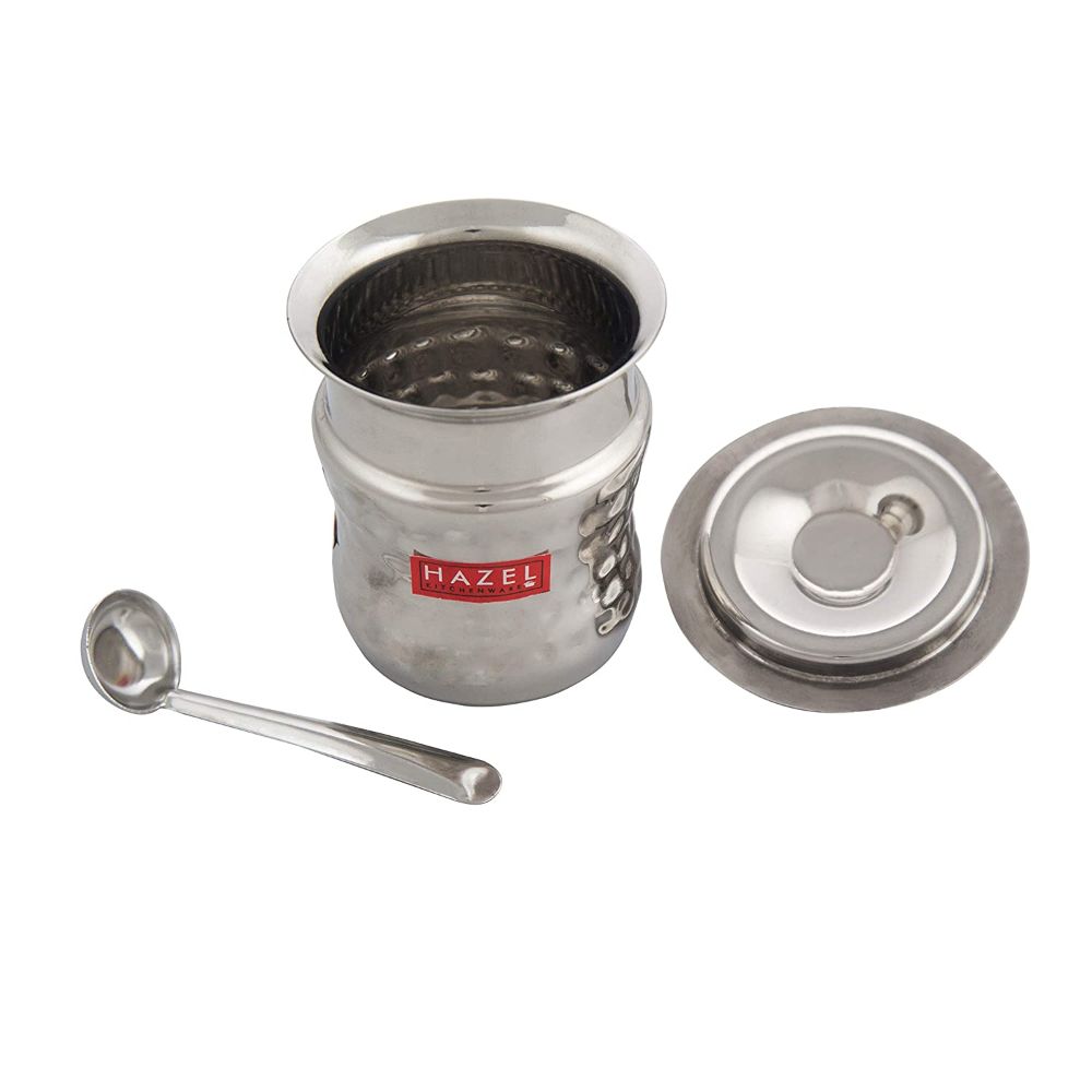 HAZEL Stainless Steel Damaru Hammered Finish Oil Ghee Pot, 300 ml, Silver