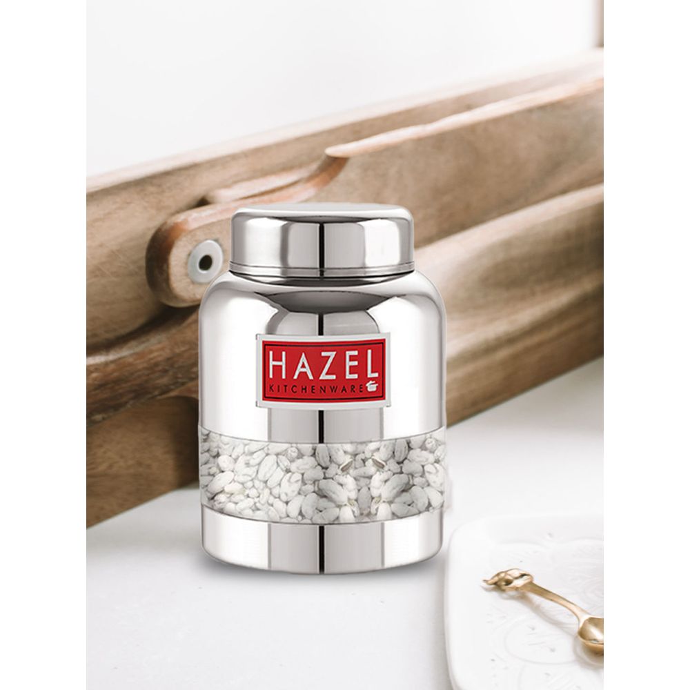 HAZEL Stainless Steel Masala Container | Barni Shape See Through Container with Glossy Finish |Transparent Multipurpose Storage Box for Kitchen, 350 ML