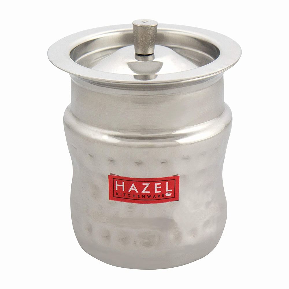 HAZEL Stainless Steel Damaru Hammered Finish Oil Ghee Pot, 300 ml, Silver