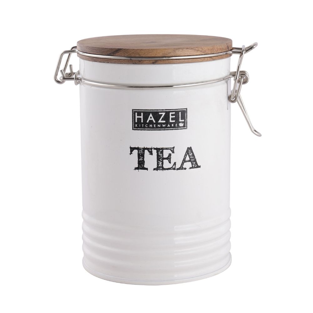 HAZEL Tea Container with Wooden Lid for Kitchen | Tea Powder Storage Box For Kitchen |Food Grade Kitchen Container with Name, 1110 ML, White