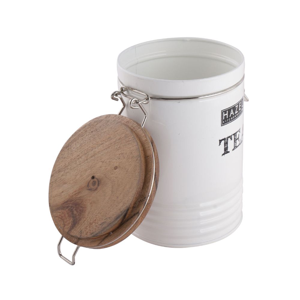 HAZEL Tea Container with Wooden Lid for Kitchen | Tea Powder Storage Box For Kitchen |Food Grade Kitchen Container with Name, 1110 ML, White