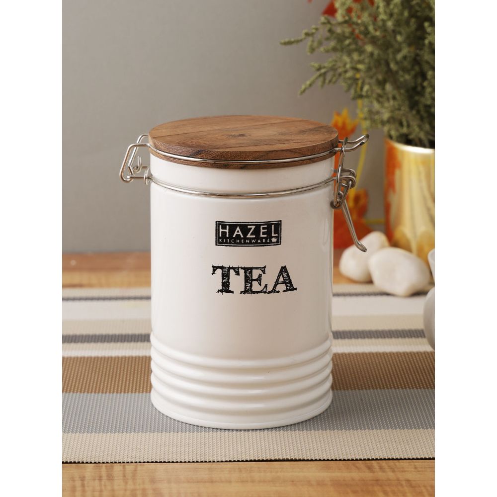 HAZEL Tea Container with Wooden Lid for Kitchen | Tea Powder Storage Box For Kitchen |Food Grade Kitchen Container with Name, 1110 ML, White