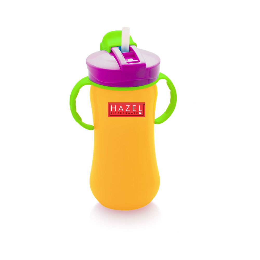 HAZEL Plastic Sipper Water Bottle With Smart Lock for Kids | Food Grade Plastic Bottle With Straw | Smart Bottle | Children Drink Bottle for kids, 450 ML, Yellow