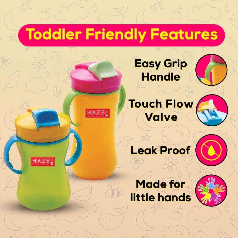 HAZEL Plastic Sipper Water Bottle With Smart Lock for Kids | Food Grade Plastic Bottle With Straw | Smart Bottle | Children Drink Bottle for kids, 350 ML, Pink