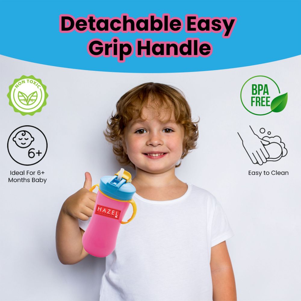 HAZEL Plastic Sipper Water Bottle With Smart Lock for Kids | Food Grade Plastic Bottle With Straw | Smart Bottle | Children Drink Bottle for kids, 350 ML, Pink