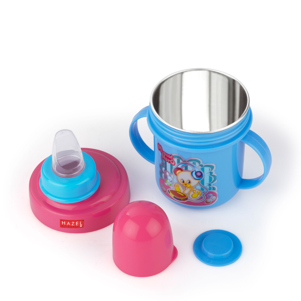 HAZEL Leak Proof Inner Stainless Steel Water Bottle For Kids | Air Tight Bottle For Kids | Small Kids Food Grade Sipper Bottle with Multi Layered Lid, 240 ML, Pink and Sky Blue