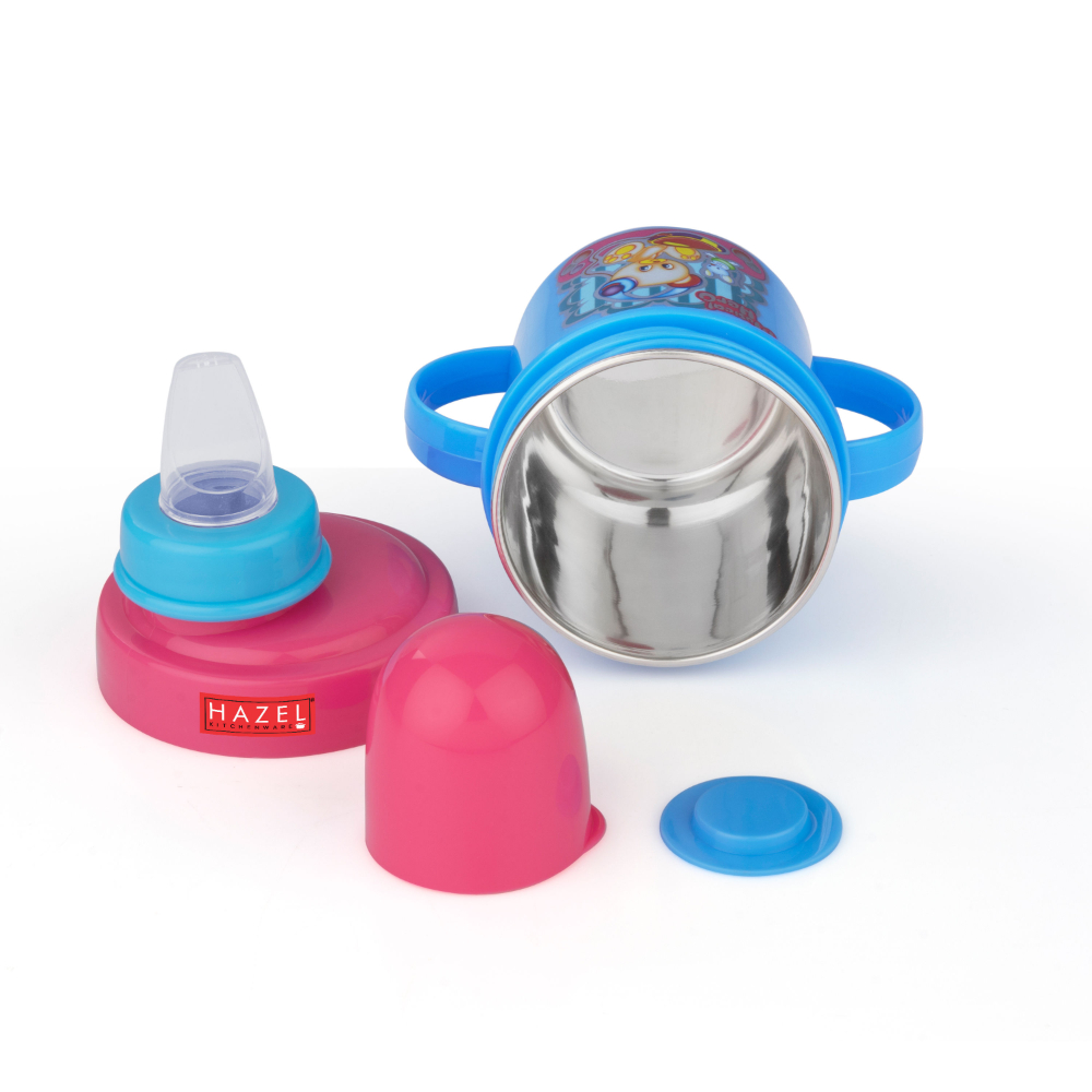HAZEL Leak Proof Inner Stainless Steel Water Bottle For Kids | Air Tight Bottle For Kids | Small Kids Food Grade Sipper Bottle with Multi Layered Lid, 240 ML, Pink and Sky Blue