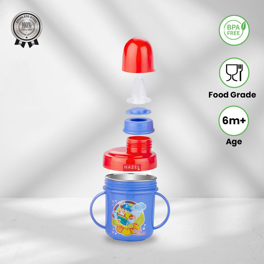 HAZEL Leak Proof Inner Stainless Steel Water Bottle for School Kids | Multi Lid Plastic Sipper Bottle For School Children | Small Kids BPA Free Bottle, 240 ML, Red and Blue