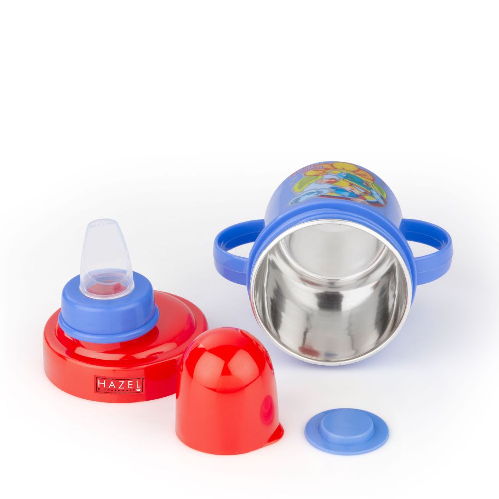 HAZEL Leak Proof Inner Stainless Steel Water Bottle for School Kids | Multi Lid Plastic Sipper Bottle For School Children | Small Kids BPA Free Bottle, 240 ML, Red and Blue
