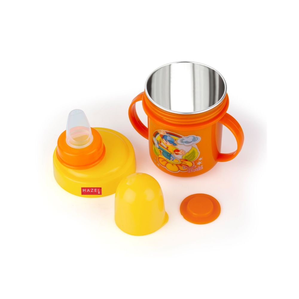 HAZEL Leak Proof Inner Stainless Steel Water Bottle for School Kids | Multi Lid Plastic Sipper Bottle For School Children | Small Kids BPA Free Bottle, 240 ML, Yellow and Orange