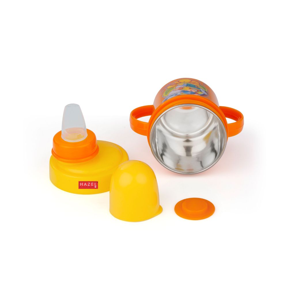 HAZEL Leak Proof Inner Stainless Steel Water Bottle for School Kids | Multi Lid Plastic Sipper Bottle For School Children | Small Kids BPA Free Bottle, 240 ML, Yellow and Orange