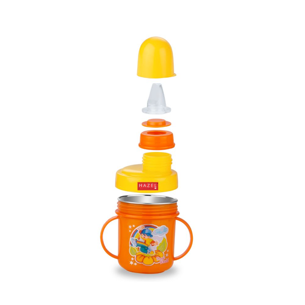 HAZEL Leak Proof Inner Stainless Steel Water Bottle for School Kids | Multi Lid Plastic Sipper Bottle For School Children | Small Kids BPA Free Bottle, 240 ML, Yellow and Orange