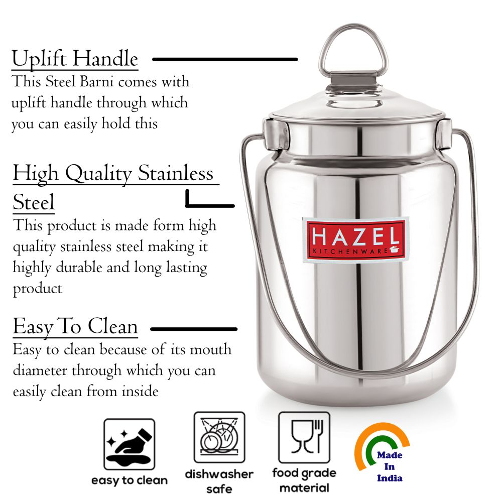 HAZEL Stainless Steel Plain Barani, Milk, Ghee, Oil Multipurpose Container, 1.5 Ltr, Silver