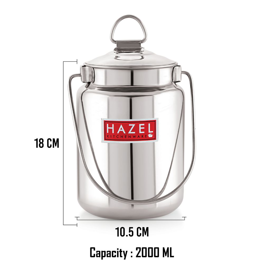 HAZEL Stainless Steel Plain Barani, Milk, Ghee, Oil Multipurpose Container, 2 Ltr, Silver