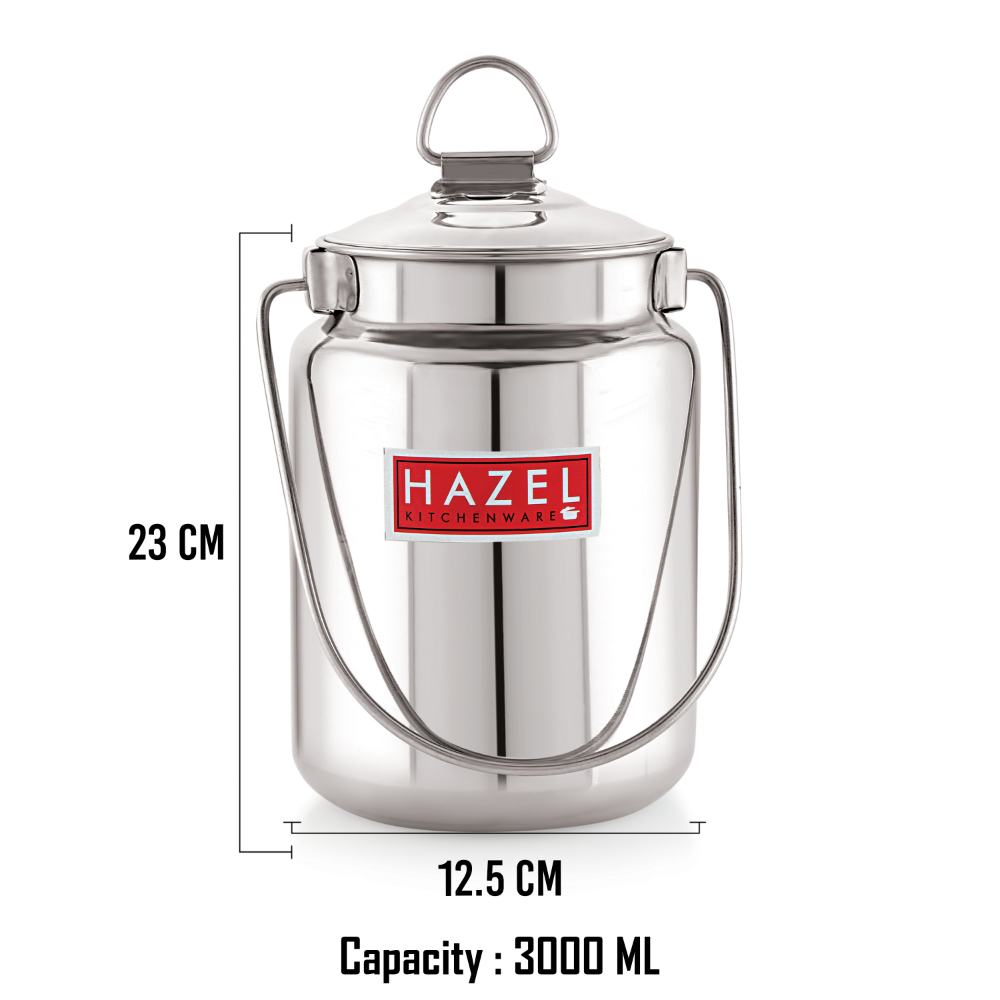 HAZEL Stainless Steel Plain Barani, Milk, Ghee, Oil Multipurpose Container, 3 Ltr, Silver