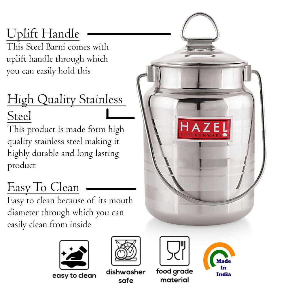 HAZEL Stainless Steel Designer Barani, Milk, Ghee, Oil Multipurpose Container, 3 Ltr, Silver