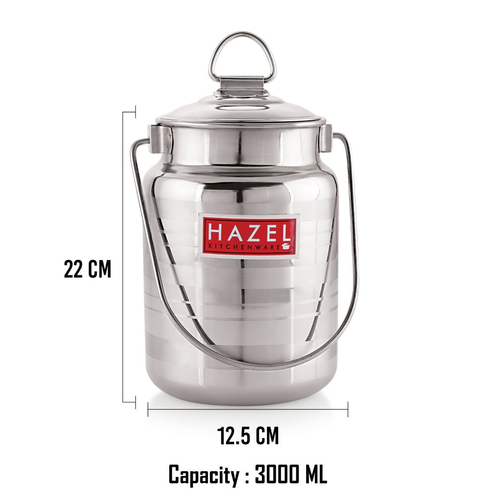 HAZEL Stainless Steel Designer Barani, Milk, Ghee, Oil Multipurpose Container, 3 Ltr, Silver