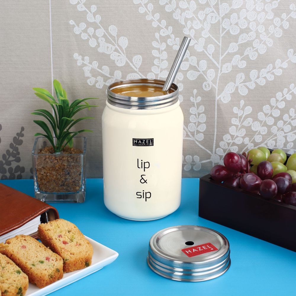 HAZEL Sipper Jar with container | 2 in 1 Steel Jar and Container with 2 Lids and Straw | Stainless steel Jar with Glossy Finish, Cream, 700 ML