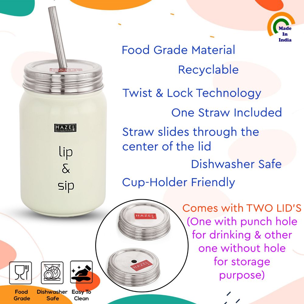 HAZEL Sipper Jar with container | 2 in 1 Steel Jar and Container with 2 Lids and Straw | Stainless steel Jar with Glossy Finish, Cream, 700 ML