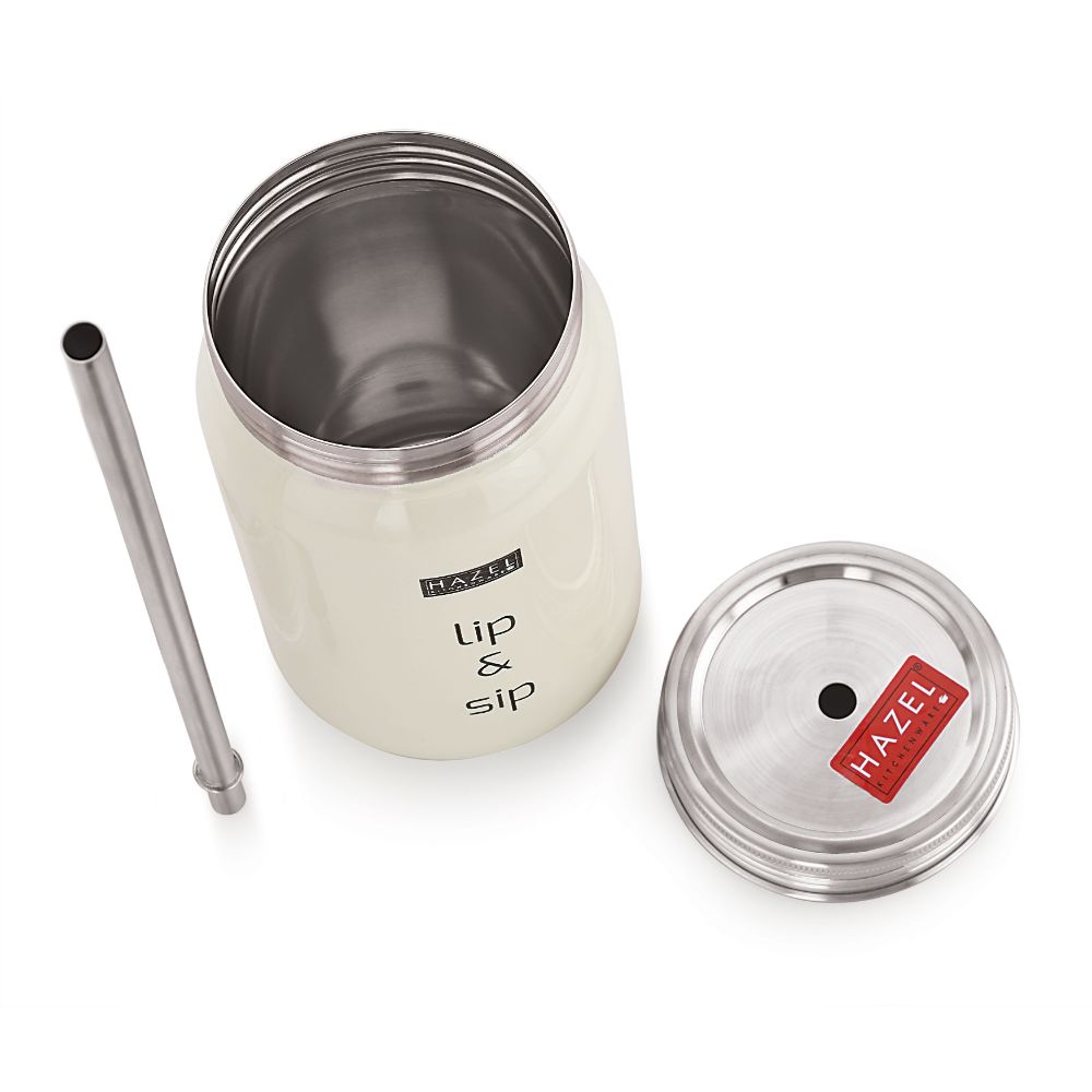 HAZEL Sipper Jar with container | 2 in 1 Steel Jar and Container with 2 Lids and Straw | Stainless steel Jar with Glossy Finish, Cream, 700 ML