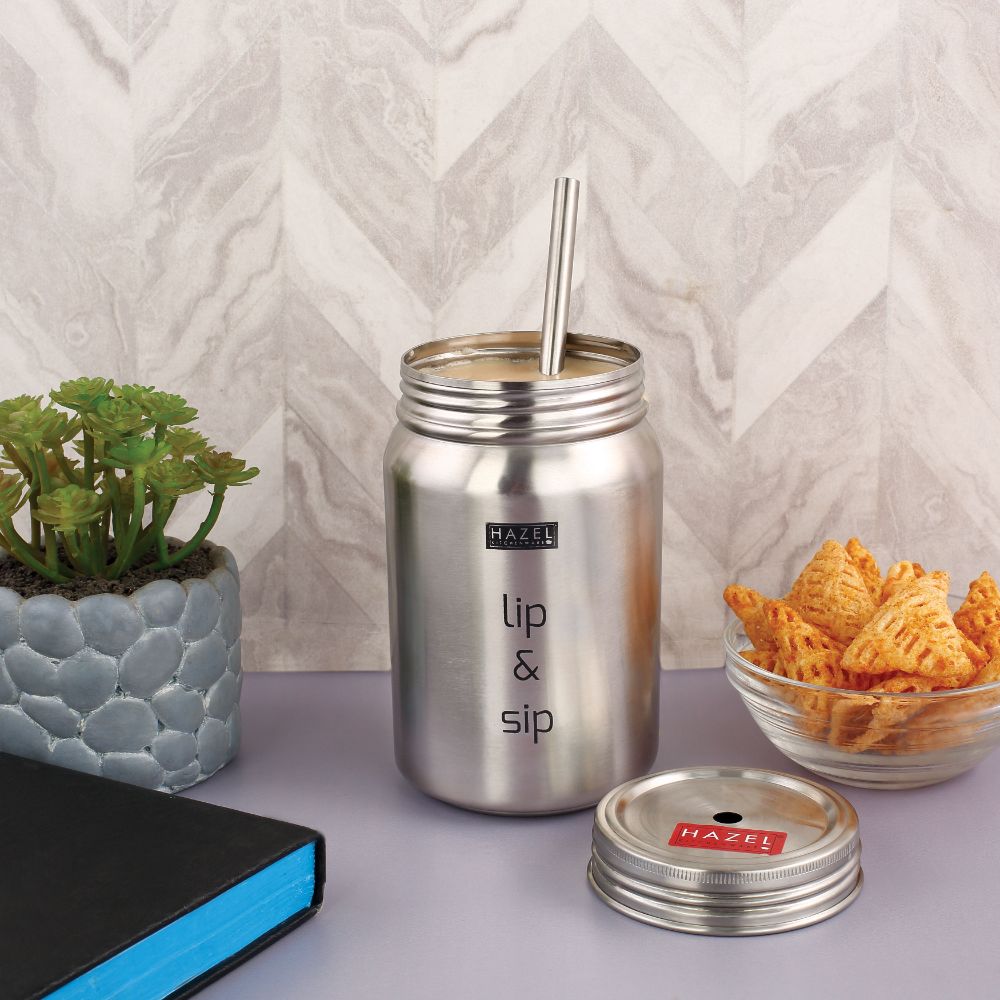 HAZEL Sipper Jar with container | 2 in 1 Steel Jar and Container with 2 Lids and Straw | Stainless steel Jar with Glossy Finish, Silver, 700 ML