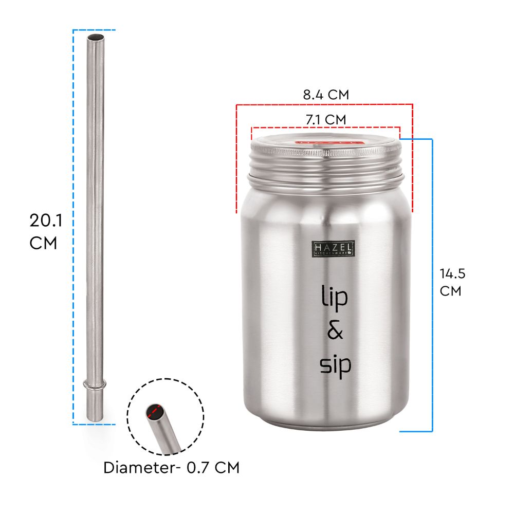 HAZEL Sipper Jar with container | 2 in 1 Steel Jar and Container with 2 Lids and Straw | Stainless steel Jar with Glossy Finish, Silver, 700 ML