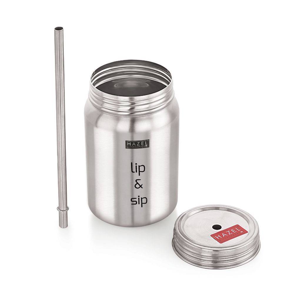 HAZEL Sipper Jar with container | 2 in 1 Steel Jar and Container with 2 Lids and Straw | Stainless steel Jar with Glossy Finish, Silver, 700 ML