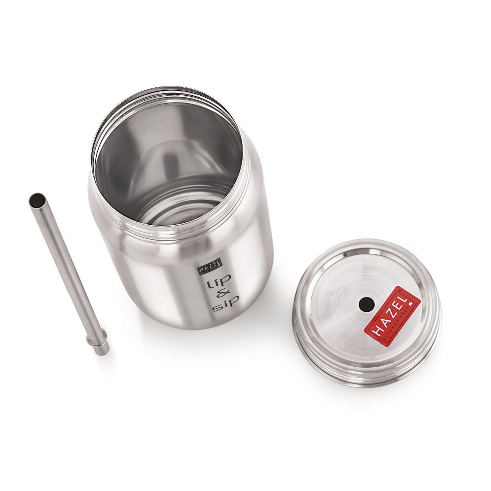 HAZEL Sipper Jar with container | 2 in 1 Steel Jar and Container with 2 Lids and Straw | Stainless steel Jar with Glossy Finish, Silver, 700 ML