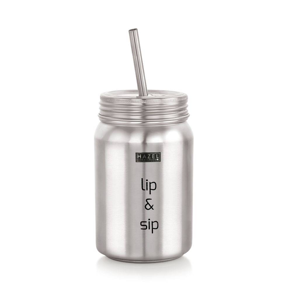 HAZEL Sipper Jar with container | 2 in 1 Steel Jar and Container with 2 Lids and Straw | Stainless steel Jar with Glossy Finish, Silver, 700 ML