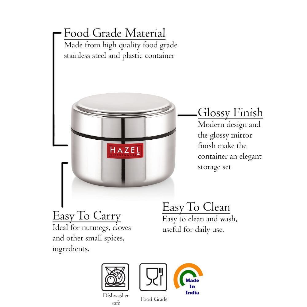 HAZEL Stainless Steel Mini Container Heavy Gauge Premium Airtight Dabbi Dabba Set of 1, 250 ML, Silver