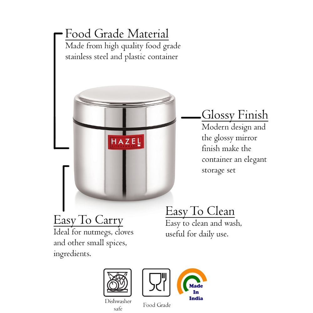 HAZEL Stainless Steel Mini Container Heavy Gauge Premium Airtight Dabbi Dabba Set of 1, 400 ML, Silver
