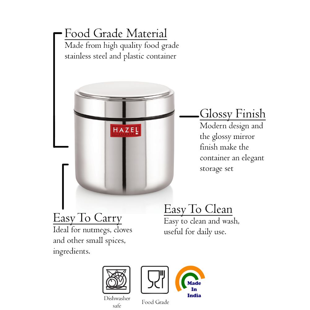 HAZEL Stainless Steel Mini Container Heavy Gauge Premium Airtight Dabbi Dabba Set of 1, 650 ML, Silver