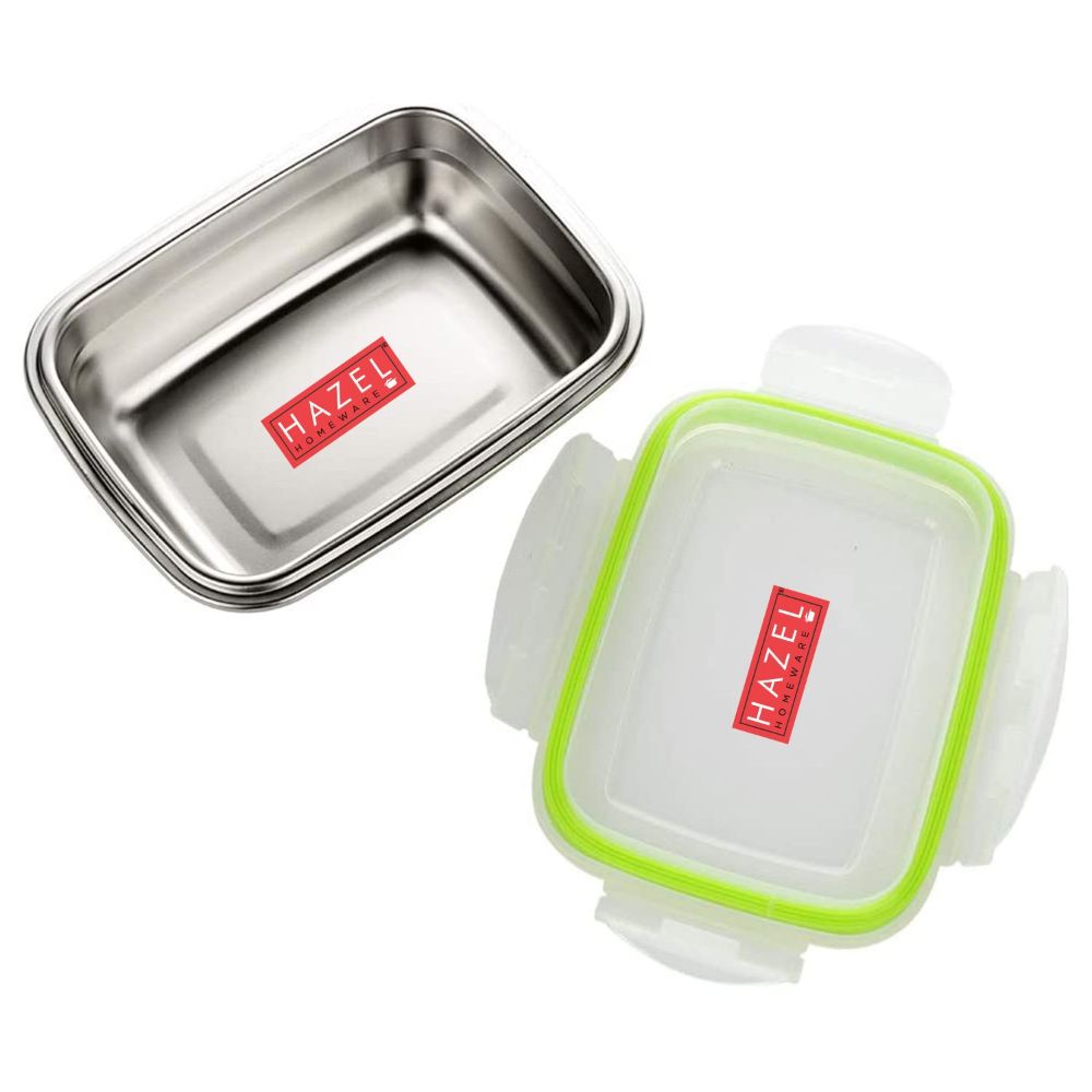 HAZEL Stainless Steel Tiffin Box | Airtight Container Leak Proof Lunch Box | Rectangle Food Storage Container For Kitchen Airtight Dabba | Microwave Safe Containers, 350 ML, Silver