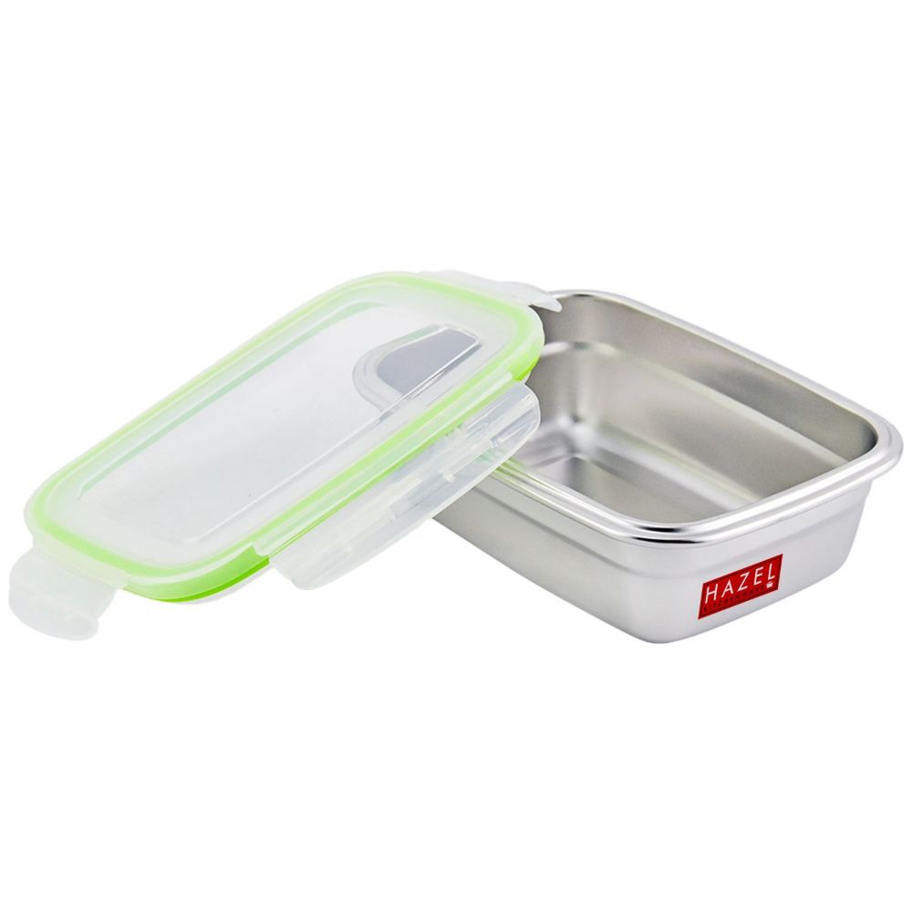 HAZEL Stainless Steel Lunch Box | Airtight Container Leak Proof Tiffin Box | Microwave Safe Containers | Rectangle Food Storage Container For Kitchen Airtight Dabba, 550 ML, Silver