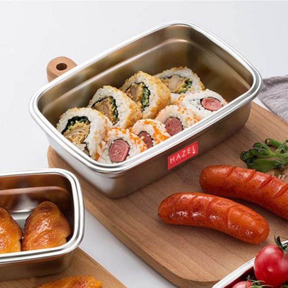 HAZEL Stainless Steel Lunch Box | Microwave Safe Containers | Airtight Container Leak Proof Tiffin Box | Rectangle Food Storage Container For Kitchen Airtight Dabba, 850 ML, Silver