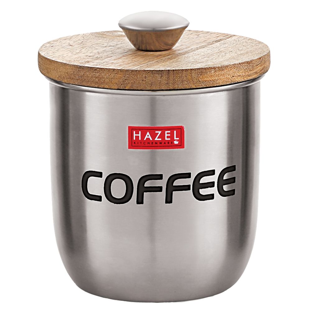 HAZEL Stainless Steel Coffee Jar Storage Canister Container With Wood Lid & Knob, 1325 ML, Silver