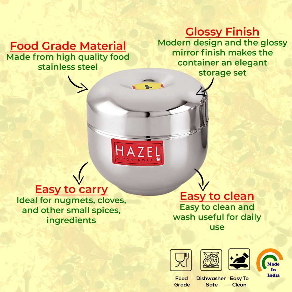 HAZEL Stainless Steel Kitchen Storage Containers Set of 1 | Air Tight Containers for Storage | Apple Shape Steel Container with Mirror Finish, 200 ML