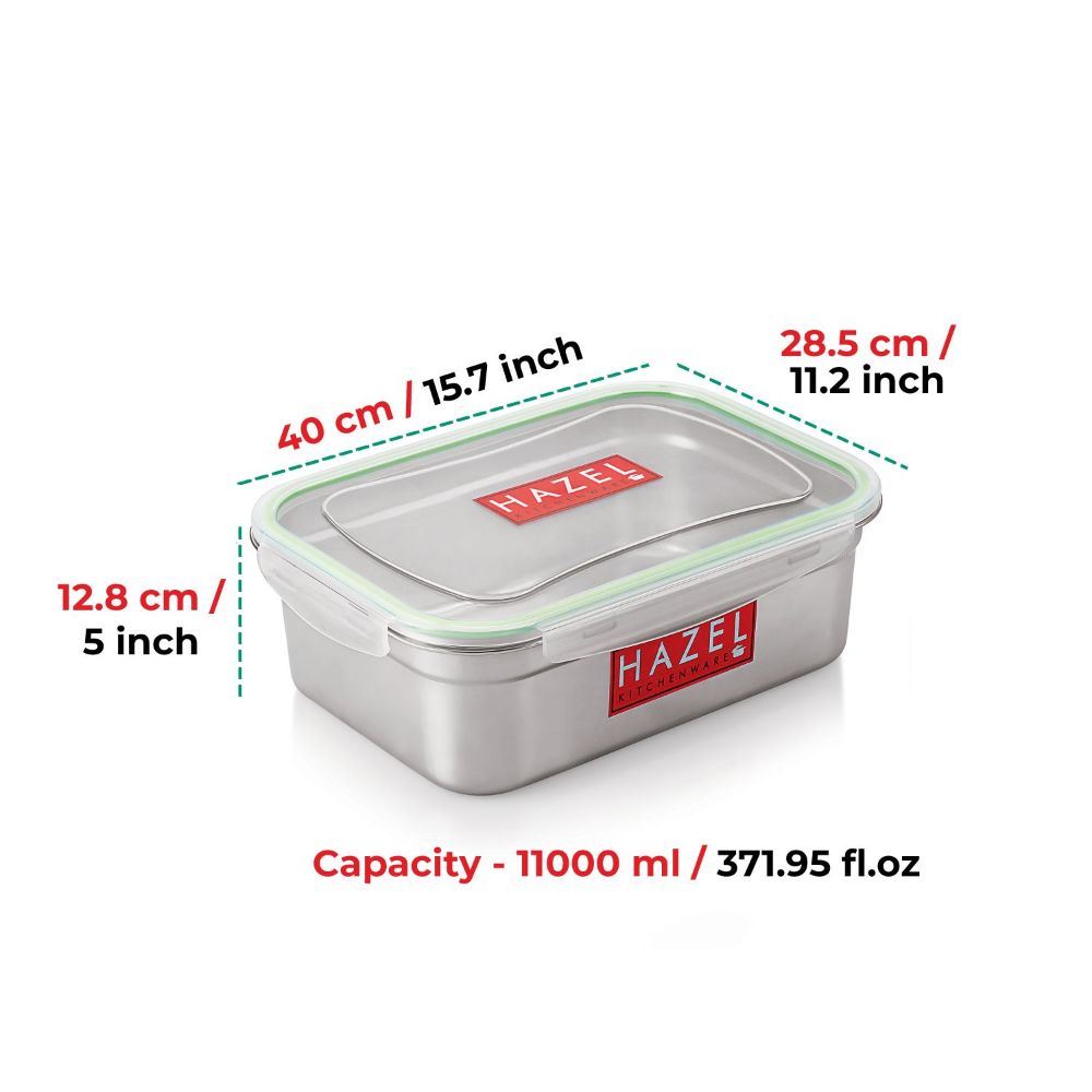 HAZEL Stainless Steel Containers for Storage with Transparent Lid | Microwave Safe Containers | Airtight Steel Containers for Kitchen | Leakproof Microwave Containers for Kitchen Storage, 11000 ML