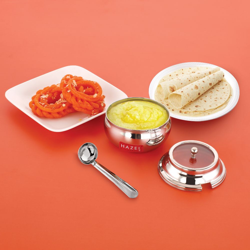 HAZEL Stainless Steel Ghee Pot with Spoon & See Through Lid | Oil Containers for Kitchen | Ghee Storage Container with Glossy Finish, 200 ML