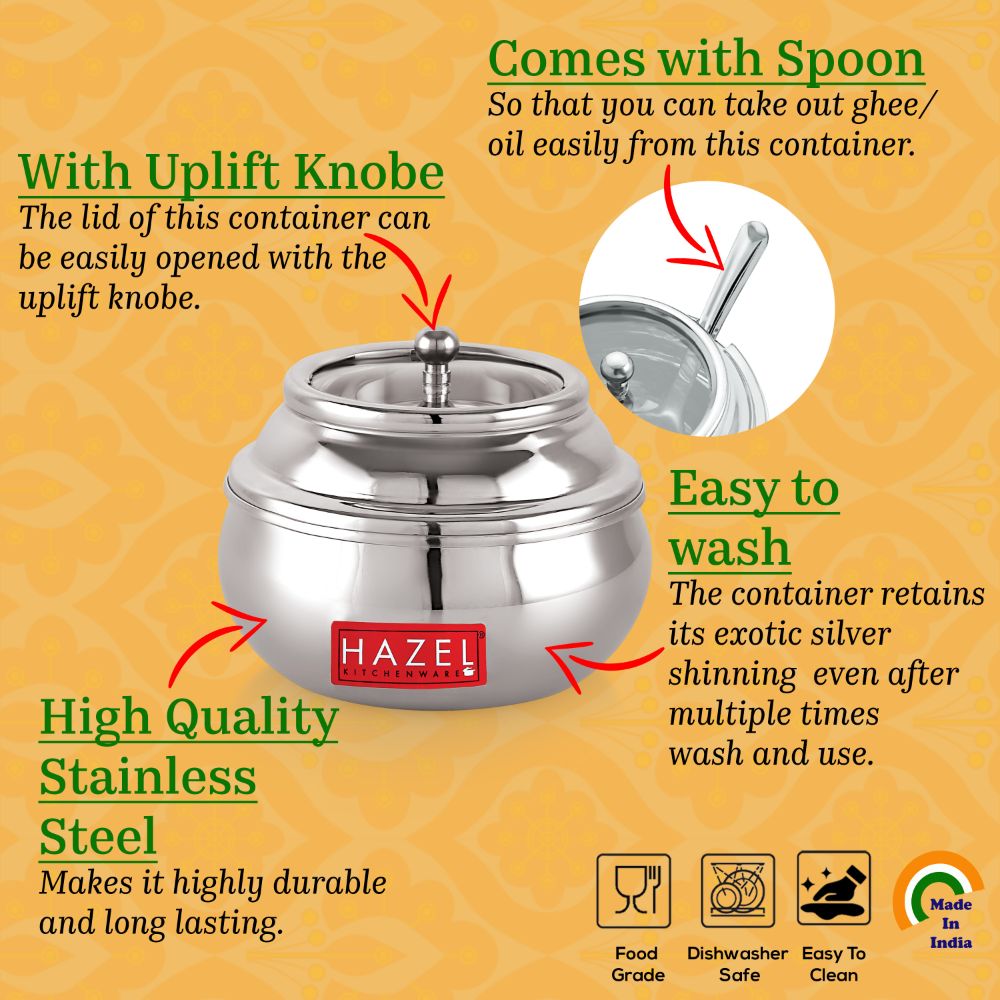 HAZEL Stainless Steel Ghee Pot with Spoon & See Through Lid | Oil Containers for Kitchen | Ghee Storage Container with Glossy Finish, 200 ML