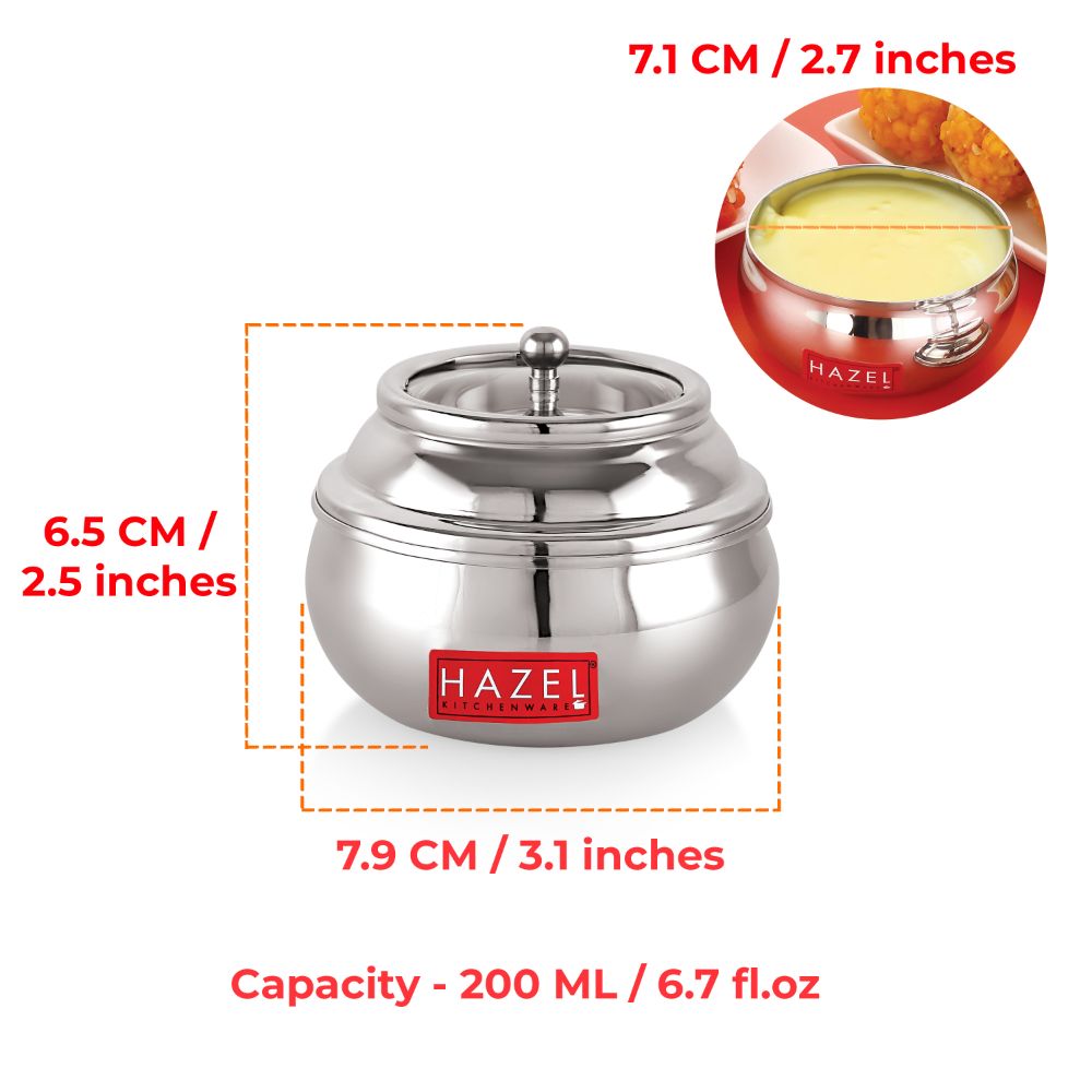 HAZEL Stainless Steel Ghee Pot with Spoon & See Through Lid | Oil Containers for Kitchen | Ghee Storage Container with Glossy Finish, 200 ML