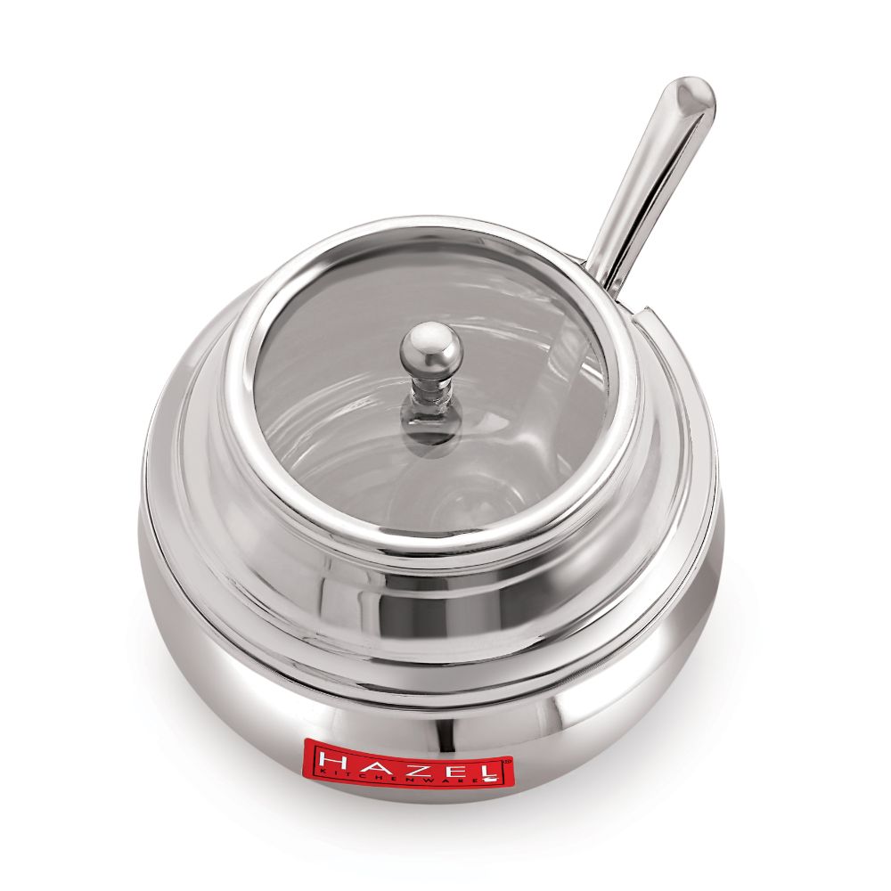 HAZEL Stainless Steel Ghee Pot with Spoon & See Through Lid | Oil Containers for Kitchen | Ghee Storage Container with Glossy Finish, 200 ML